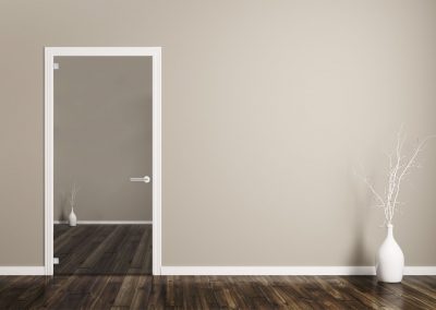 Interior background of room with white door and vase with branch 3d rendering